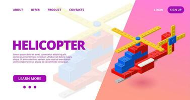 Template for web with helicopter assembled from plastic blocks in isometric style for print and design. Vector illustration.