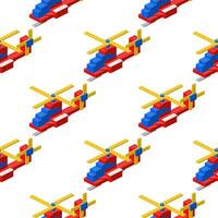 Pattern with helicopters assembled from plastic blocks in isometric style for print and decoration. Vector illustration.