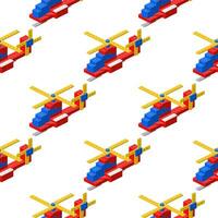 Pattern with helicopters assembled from plastic blocks in isometric style for print and decoration. Vector illustration.