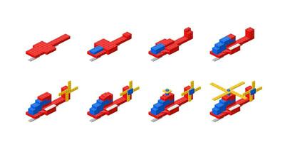 Set of helicopters assembled from plastic blocks in isometric style. Vector illustration.