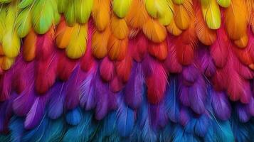 Generative AI, Beautiful rainbow colorful closeup feathers, photorealistic background, top view, aerial view. Small fluffy, inspired by Andreas Gursky and Andy Goldsworthy photo