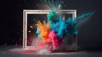 Generative AI, Frame with colorful holi powder paint explosion, creative splash, multicolor cloud photo