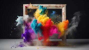 Generative AI, Frame with colorful holi powder paint explosion, creative splash, multicolor cloud photo