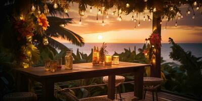 Generative AI, Tropical summer sunset beach bar background. Outdoor restaurant, Led light candles and wooden tables, chairs under beautiful sunset sky, sea view. photo