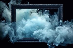 Generative AI, Blue flowing smoke around empty vintage beautiful frame. Copy space, frame mock up blank photo