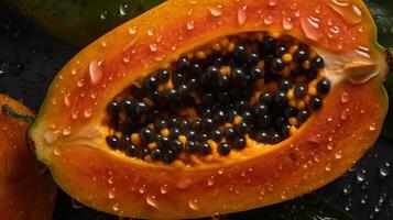 , Macro Fresh half of papaya fruit background. Tropical exotic closeup photo with drops