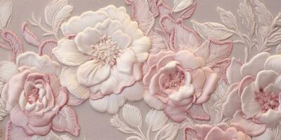 Generative AI, embroidered shabby chic baroque light pink roses pattern. Floral print on silk background photo