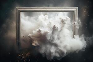 Generative AI, White powder splash and smoke around empty vintage beautiful frame. photo