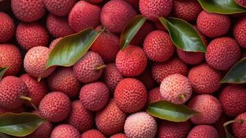 Generative AI, Macro Fresh Juicy of lychee fruit background. Closeup photo, summer Thailand food. photo