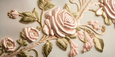 Generative AI, embroidered shabby chic baroque light pink roses pattern.  Floral print on silk background photo