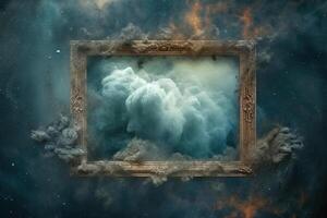 Generative AI, Blue flowing smoke around empty vintage beautiful frame. Copy space, frame mock up blank photo