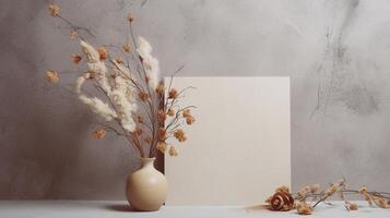 Generative AI, Bohemian white blank sheet paper surrounded by natural dried leaves and plants, poster mock up photo