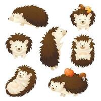 Autumn vector set of seven cute cartoon hedgehogs in different poses. A cheerful forest animal character carries apple and mushroom in needles.