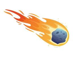 Cartoon flying burning space asteroid with craters and bumps. Vector isolated stone with fire.