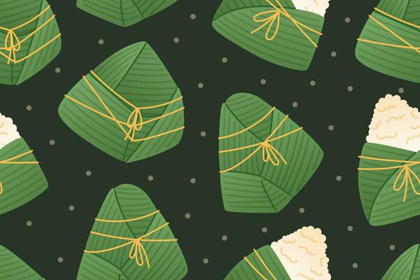 Traditional Chinese rice dish Zongzi wrapped in bamboo leaf. Vector seamless pattern, cartoon asian dumplings.