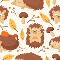 Cartoon vector autumn seamless pattern with hedgehogs characters. Decoration of yellow dry leaves, forest mushrooms and twigs with wild berries.