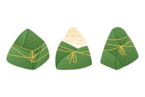 Traditional Chinese rice dish Zongzi wrapped in bamboo leaf. Set of vector isolated cartoon asian dumplings.