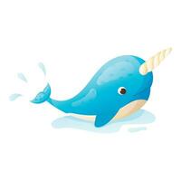 Isolated vector illustration of a cute cartoon baby narwhal with a horn splashing in a puddle of water.