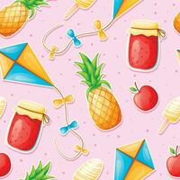 Vector seamless summer baby pattern, pineapple, jam, ice cream and flying kite.