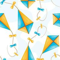 Vector seamless summer pattern with multi-colored flying kites on a rope with bows. Fun kids games or outdoor activities.