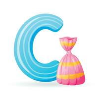 Vector isolated cartoon illustration of English alphabet letter C with picture of candy with wrapping paper.