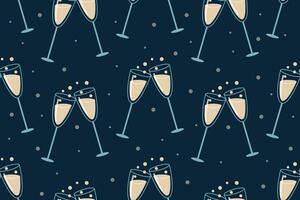 Pair of cartoon festive glasses with alcoholic wine or champagne with bubbles, vector seamless pattern.