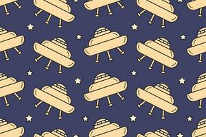 Flat UFO icon, flying saucer with aliens. Vector seamless cartoon space pattern.