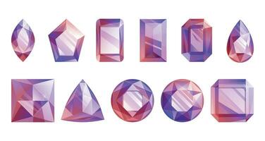 collection of pink and purple faceted gemstones in various shapes. Vector set of isolated jewelry, cartoon brilliants, diamonds.