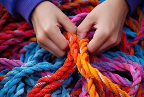 Generative AI, peoples hands working together to untangle a knotted rope. Business teamwork. photo