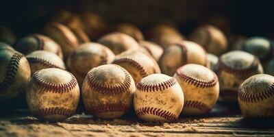 Generative AI, Rough and rugged texture of old baseball balls close up on vintage background photo