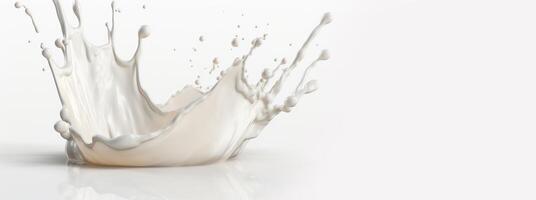 , Flowing liquid with splashes in white color. Glossy creamy milk fluid banner, 3D effect, modern macro photorealistic abstract background illustration photo