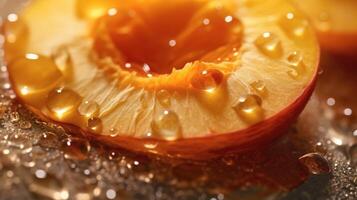 Generative AI, bright slice of juicy ripe apricot and water drops, macro of summer fruit photo