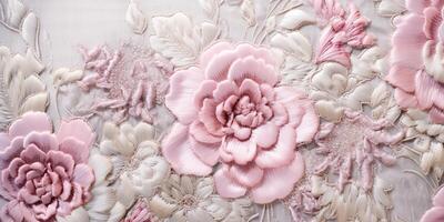 Generative AI, embroidered shabby chic baroque light pink roses pattern. Floral print on silk background photo