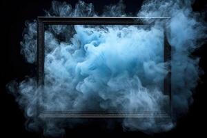 Generative AI, Blue flowing smoke around empty vintage beautiful frame. Copy space, frame mock up blank photo