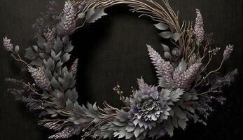 Generative AI, Close up of blooming flowerbeds of amazing lavender purple flowers wreath on dark moody floral textured background, copy space. photo