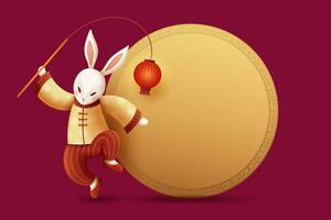 Elegant costumed rabbit holding red lantern with golden color round copy space vector