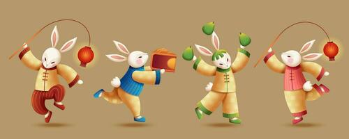 Cute rabbit juggling team with red lantern, pomelo and mooncake vector