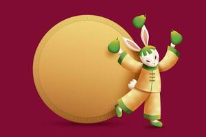 Costumed rabbit juggling pomelos with golden color round copy space for mid autumn festival vector