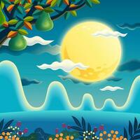 Night scene with pomelo trees and the full moon vector