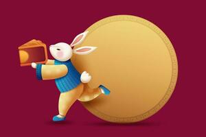 Costumed rabbit carrying mooncake with golden color round copy space for mid autumn festival vector