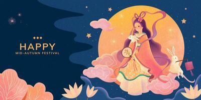 Mid autumn festival blue background, Chang'e and jade rabbit enjoy the full moon watching vector