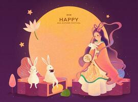 Dreamy color tone mid autumn festival, Chang'e and jade rabbit enjoy the full moon watching and sit on mooncake vector