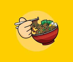 Vector Ramen noodle egg and meat with chopstick cartoon