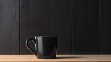 Generative AI, Black ceramic cup set-up in at home interior, mug mock up blank. photo