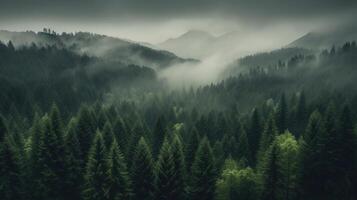 , Misty fir forest beautiful landscape in hipster vintage retro style, foggy mountains and trees photo