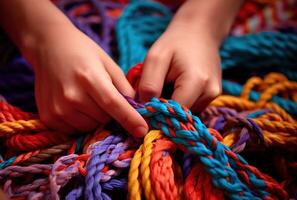 , peoples hands working together to untangle a knotted rope. Business teamwork. photo