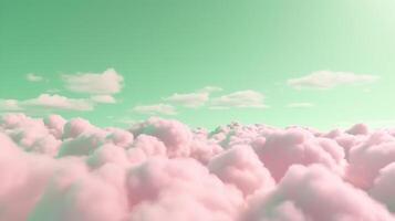 , Pink and green fantastic 3d clouds on the floor, sky and landscape. Gentle colors and with bright lights. photo