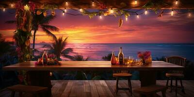 Generative AI, Tropical summer sunset beach bar background. Outdoor restaurant, Led light candles and wooden tables, chairs under beautiful sunset sky, sea view. photo