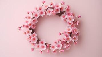 Generative AI, wreath of little light pink cherry sakura flowers with copy space, natural organic floral frame photo