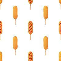 Corn dog with and without condiments. Seamless pattern. Sausage in dough on a stick. American or Korean street food. Detailed flat illustration. Fastfood concept. Isolated on a white background. vector